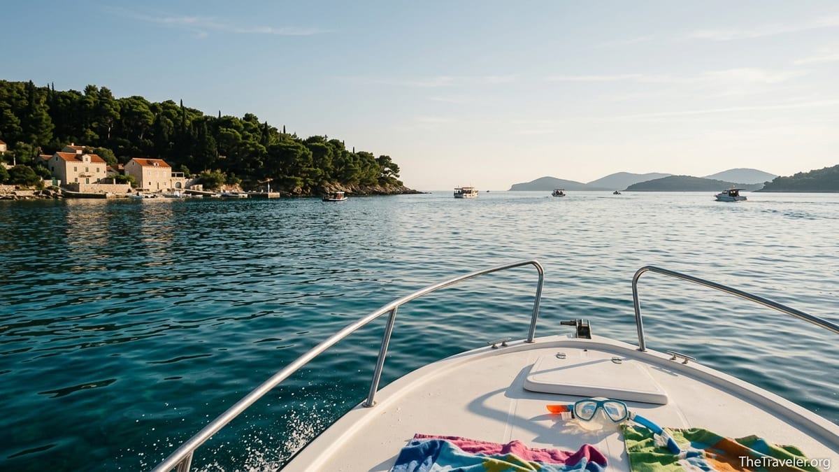 View from a boat heading from Dubrovnik toward the pine covered Elafiti Islands on a calm sunny day.