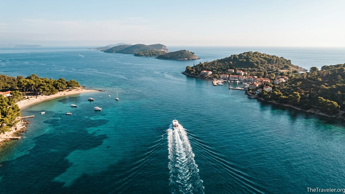 Boat heading from Dubrovnik toward the green Elafiti Islands on a calm summer day.