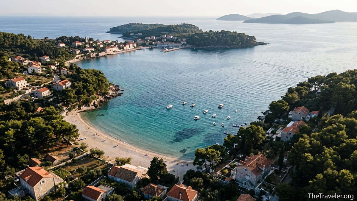Aerial view of Šunj Beach on Lopud Island with sandy bay, pine forest and turquoise Adriatic Sea.