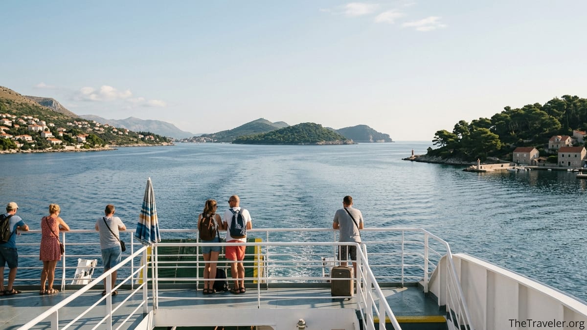 Passengers on a Jadrolinija ferry leaving Dubrovnik toward the green Elafiti Islands on a calm summer morning.