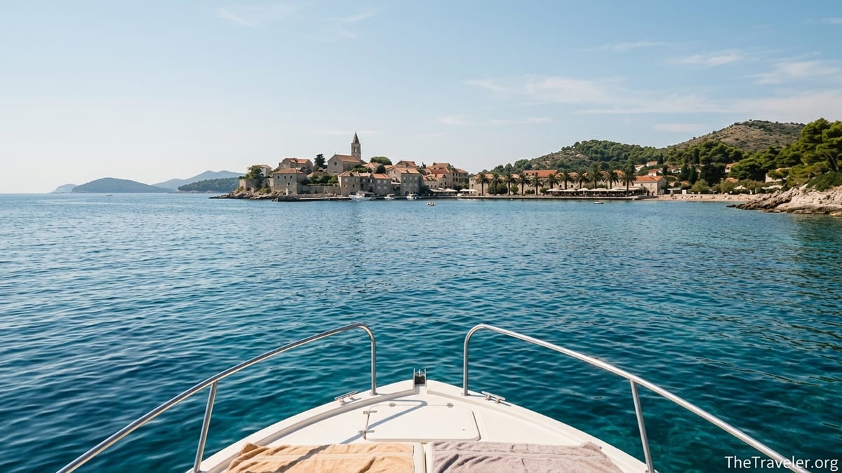 View of Lopud Island village and hills from a boat on the Adriatic Sea near Dubrovnik.
