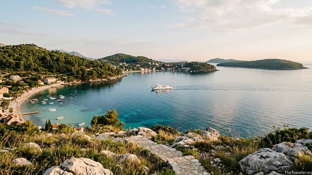View across the Adriatic Sea toward the green Elafiti Islands near Dubrovnik on a clear summer afternoon.