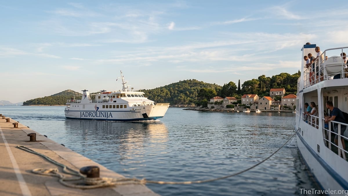 Public ferry leaving Dubrovnik Gruž port for the green Elafiti Islands at sunset