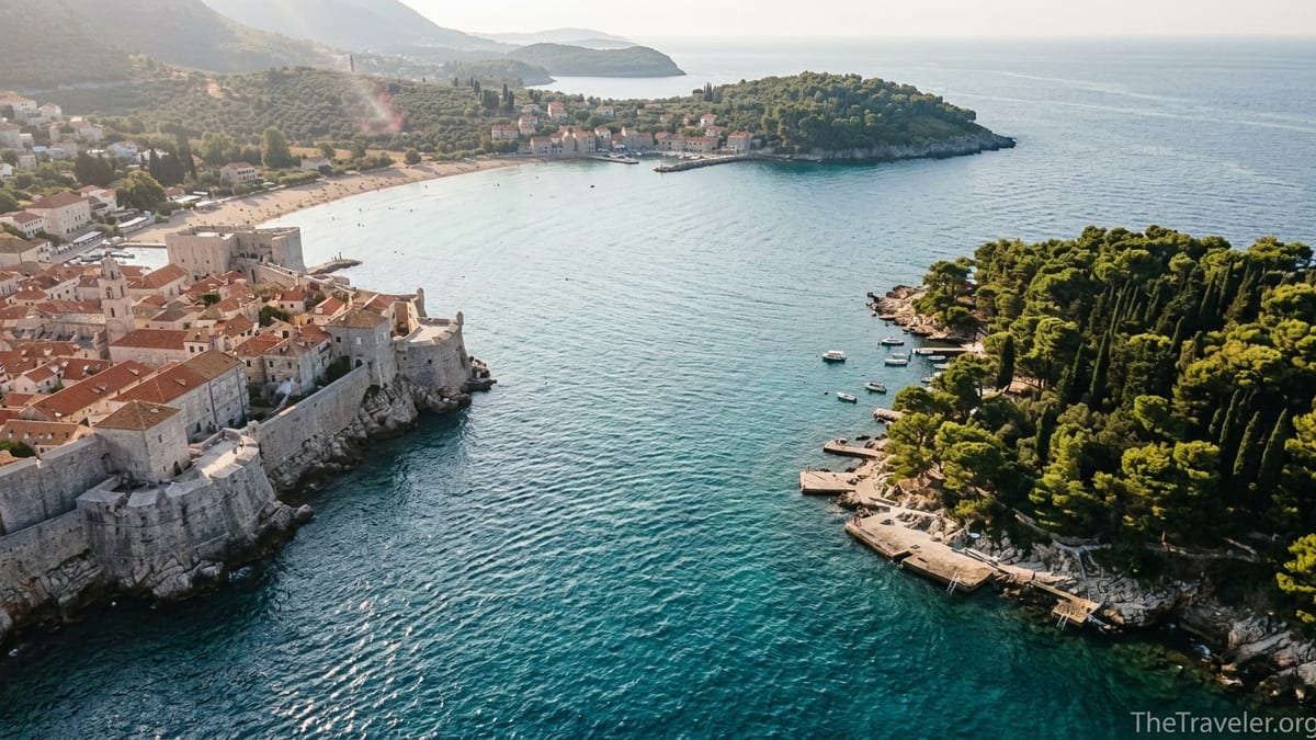 Aerial view of Lokrum near Dubrovnik and a distant Elafiti island with sandy beach in the Adriatic Sea.