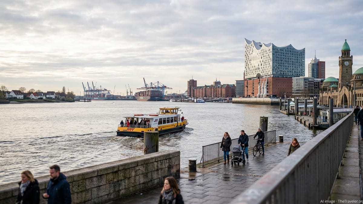 View of Elbe River in Hamburg with a ferry, modern and historical buildings.