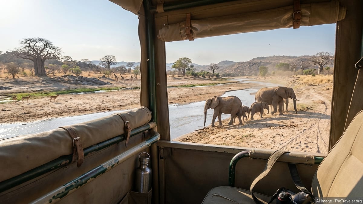 View from safari vehicle of elephants near a river in Ruaha National Park, Tanzania.