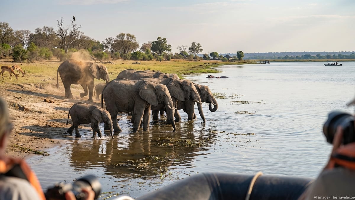 Elephants drinking at Chobe River with subtle hints of safari tourism.