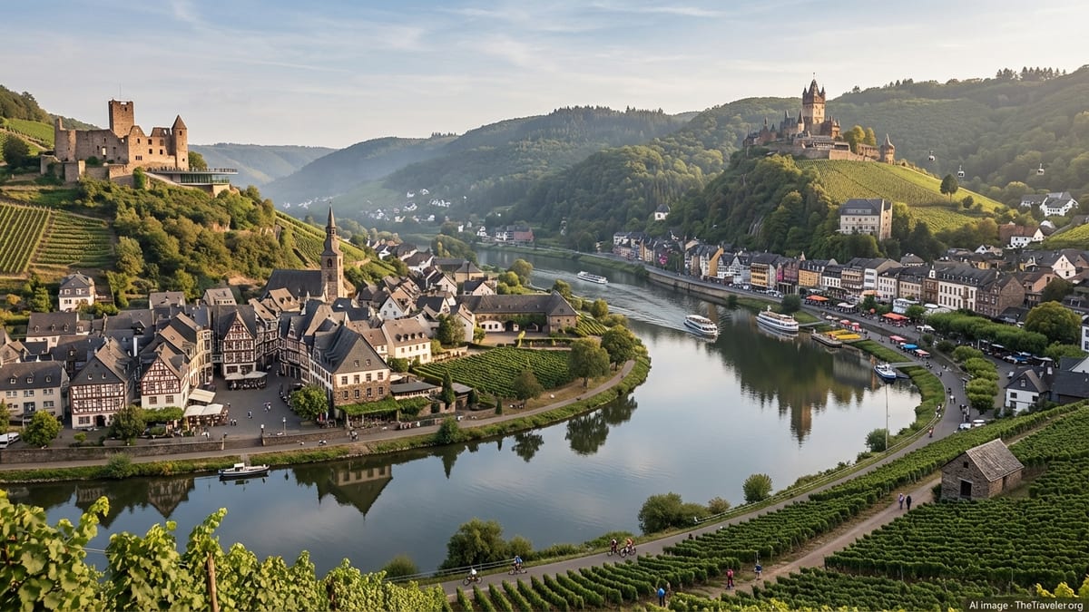 Elevated view of Bernkastel-Kues and Cochem along Moselle River in Germany. 