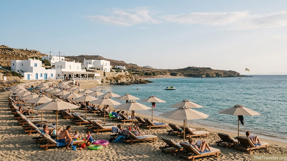 Late afternoon view of Elia Beach Mykonos with sunbeds, families, couples and turquoise sea.