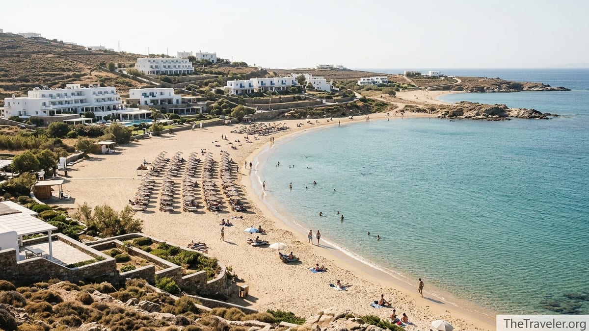 Wide view of Elia Beach Mykonos with sunbeds, calm turquoise water and hillside hotels.