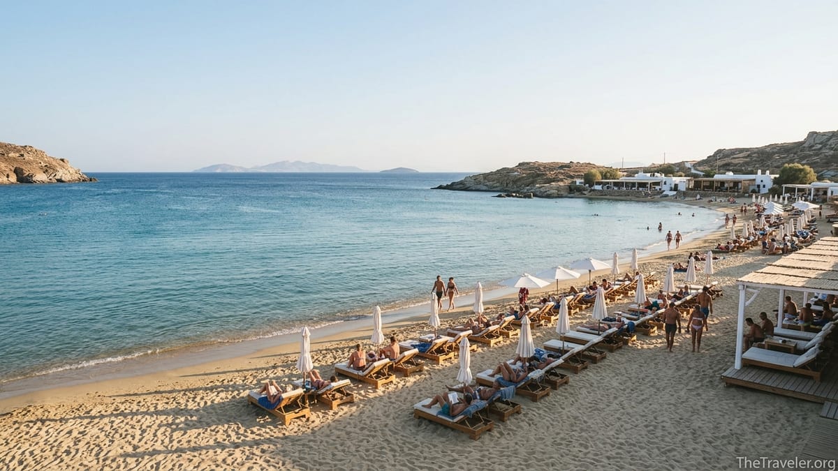 Late afternoon view of Elia Beach Mykonos with sunbeds, umbrellas and swimmers along a wide sandy bay.