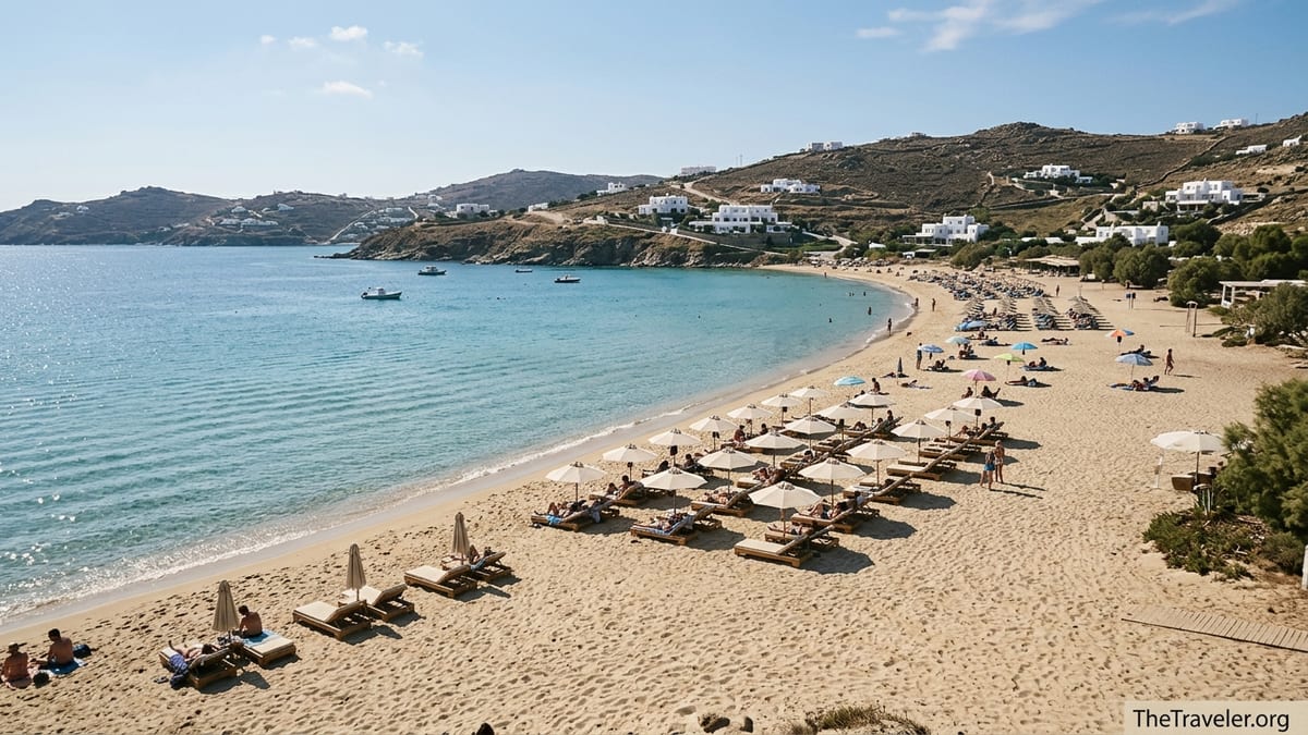 Wide view of Elia Beach in Mykonos with sunbeds, clear turquoise sea and hillside villas.