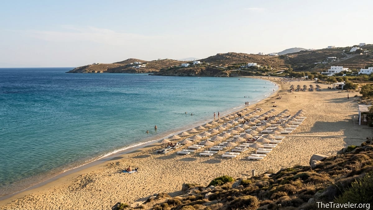 Wide view of Elia Beach in Mykonos with spaced sunbeds, clear water and open sandy stretches.
