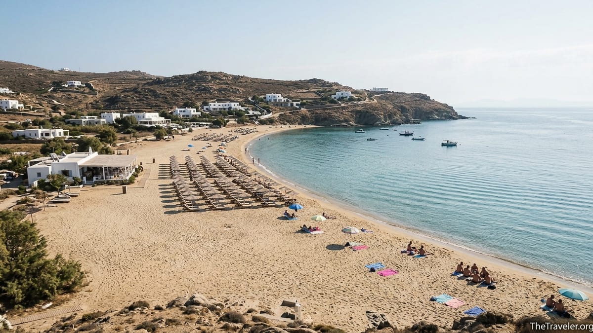 Wide view of Elia Beach in Mykonos with golden sand, turquoise water, and sunbeds along a calm south facing bay.
