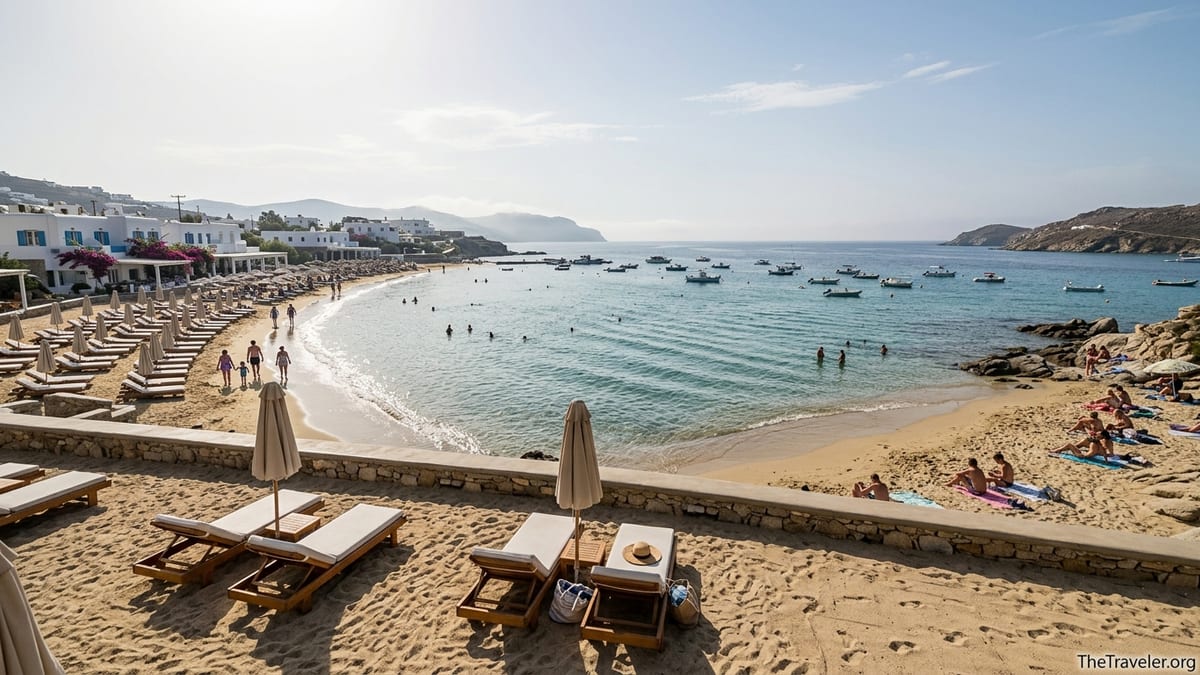 Wide view of Mykonos south-coast beach with sun loungers, hotels and turquoise sea on a calm summer day.