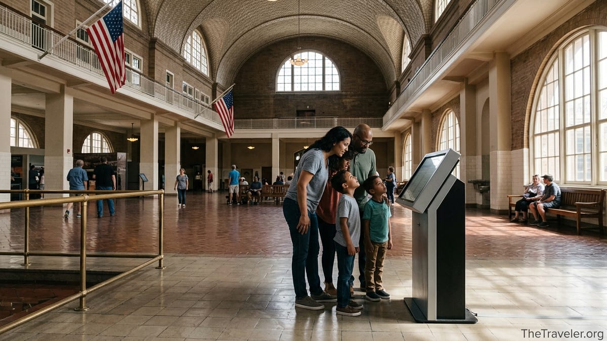 Family exploring immigration records inside the Great Hall at Ellis Island.