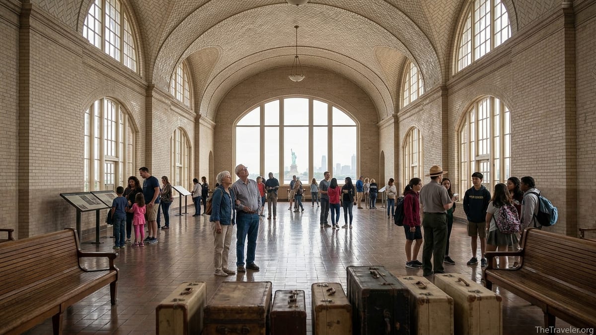 Visitors walking through the Great Hall of Ellis Island’s immigration museum in soft afternoon light.