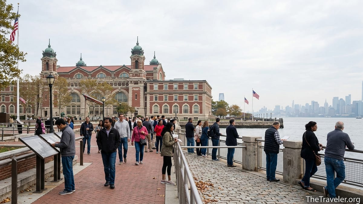 Visitors walking along the Ellis Island waterfront with the historic Main Arrivals Building behind them.