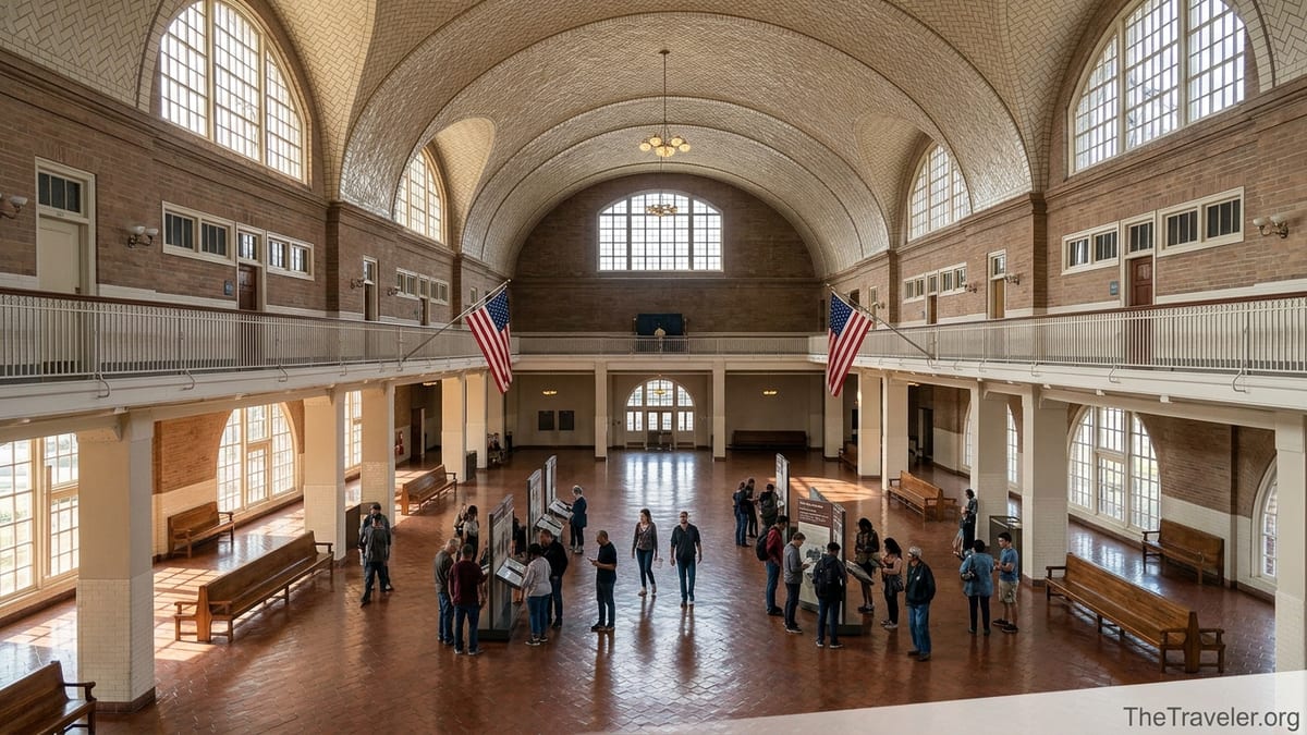 Visitors explore the Great Hall of Ellis Island’s immigration museum in soft afternoon light.