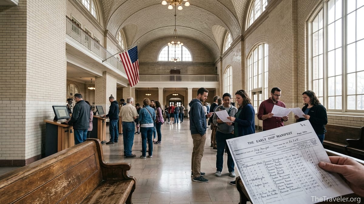 Visitors in Ellis Island’s Great Hall studying digital and printed immigration records.