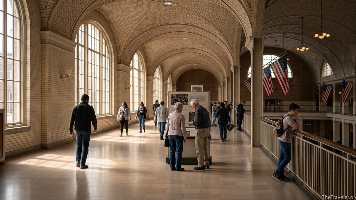 Visitors walking quietly through the Great Hall at Ellis Island, bathed in soft natural light.
