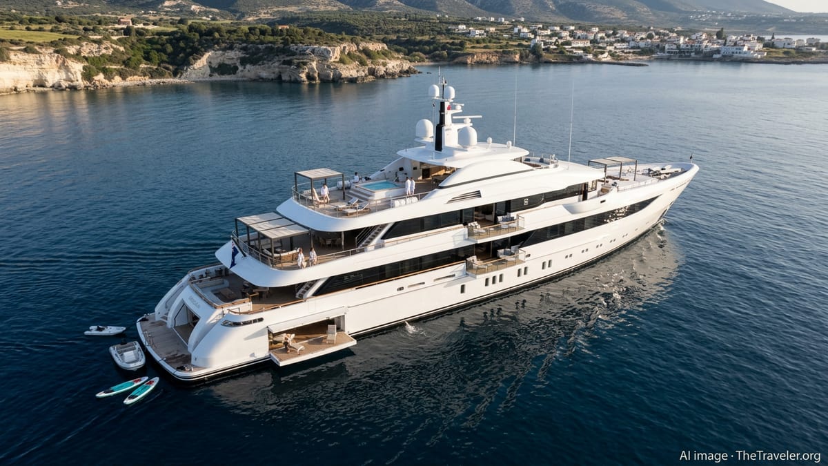 Aerial view of Emerald Kaia cruising a calm Mediterranean coastline on a clear spring afternoon.