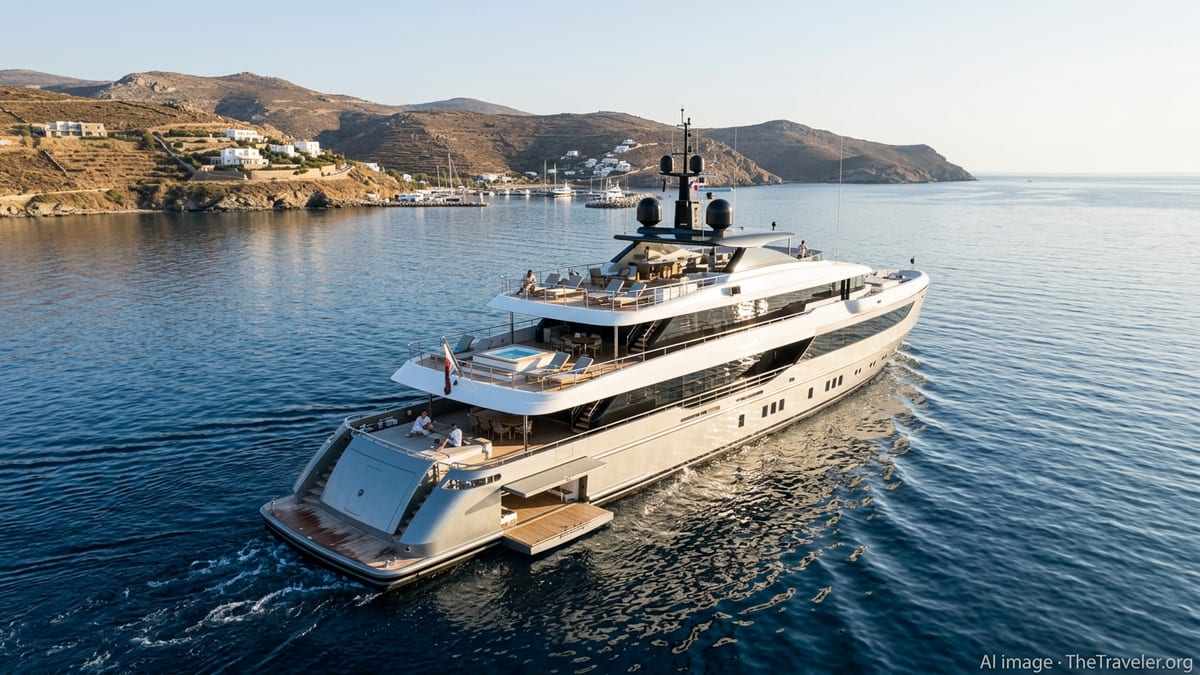 A modern white superyacht cruises off a sunlit Greek island coast in calm blue Mediterranean waters.