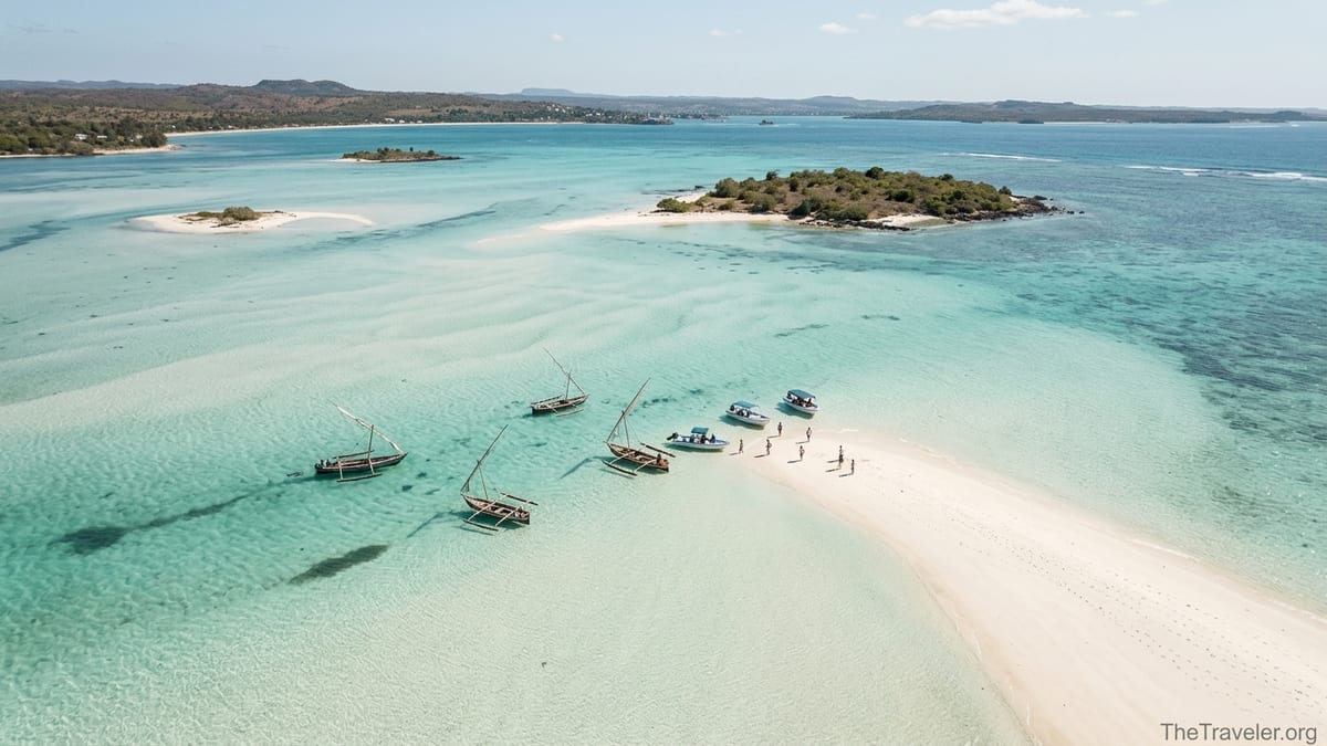 Aerial view of traditional boats anchored by a white sandbank in the turquoise Emerald Sea near Ramena, Madagascar.
