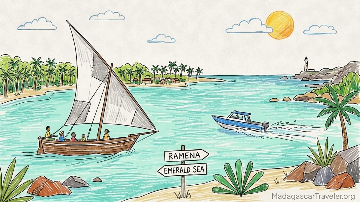 Traditional dhow and motorboat anchored by a sandbar island in Madagascar’s turquoise Emerald Sea.