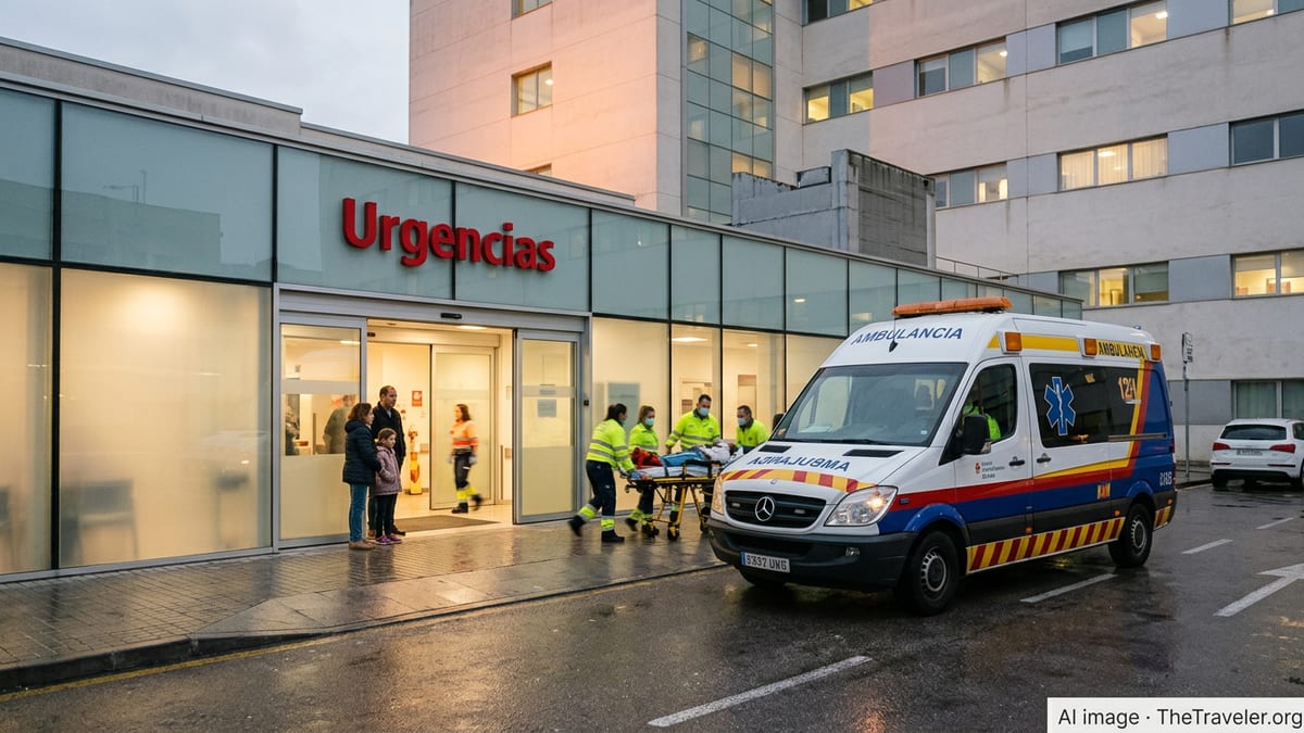 Busy Spanish hospital emergency entrance with ambulance and staff at dusk