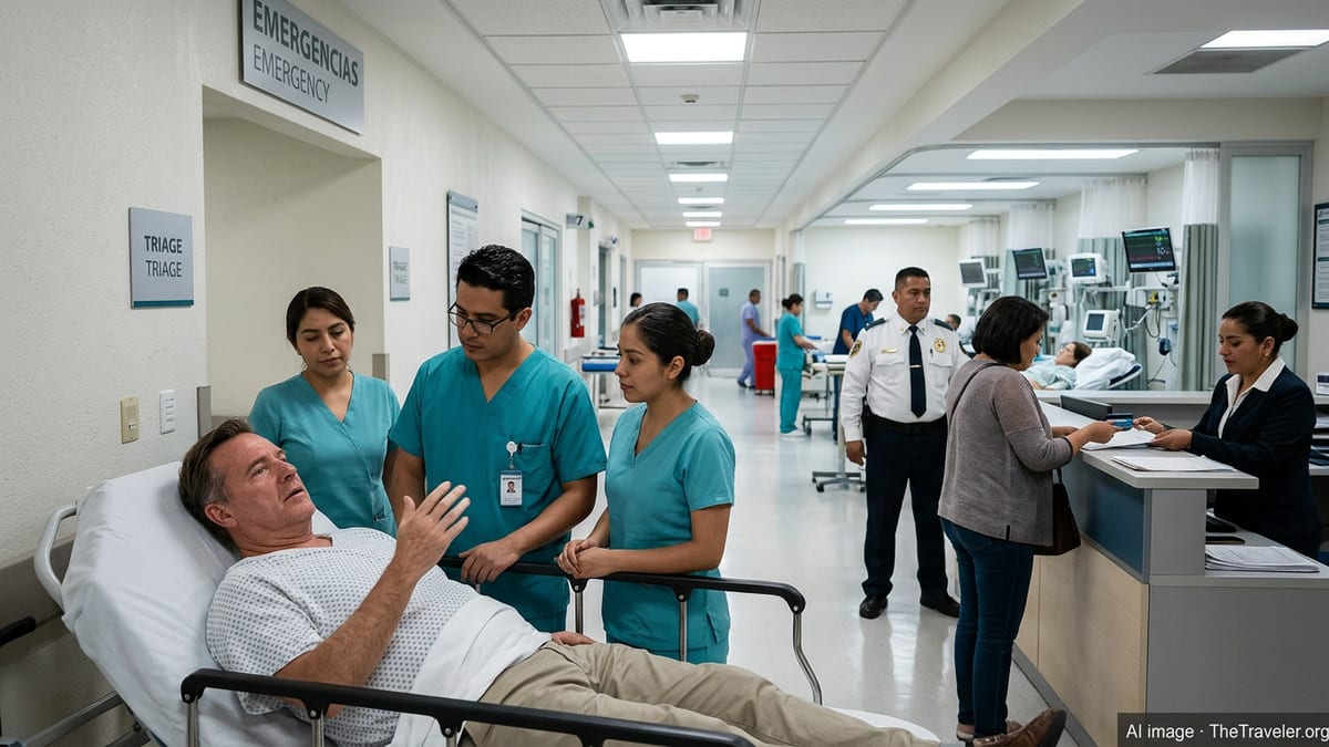 Doctor and nurse treating an expat patient in a modern Mexican hospital emergency department.