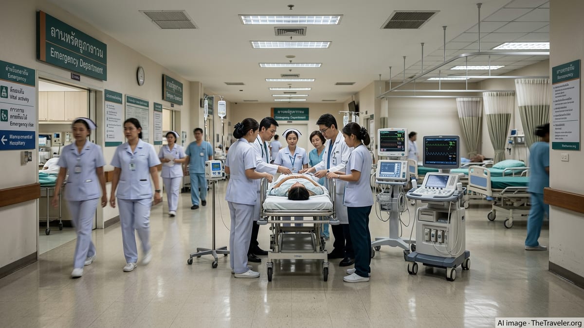Emergency room team treating a patient in a modern Bangkok hospital.