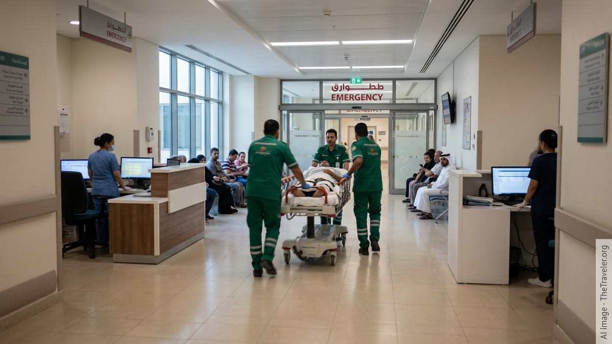 Paramedics push a patient on a stretcher through a UAE hospital emergency department corridor.