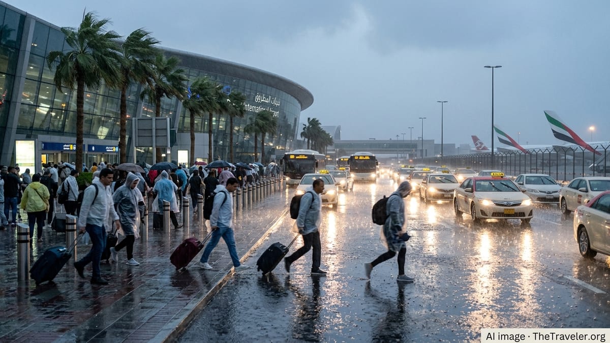 Rain-soaked crowds outside Dubai International Airport amid severe weather and heavy traffic.