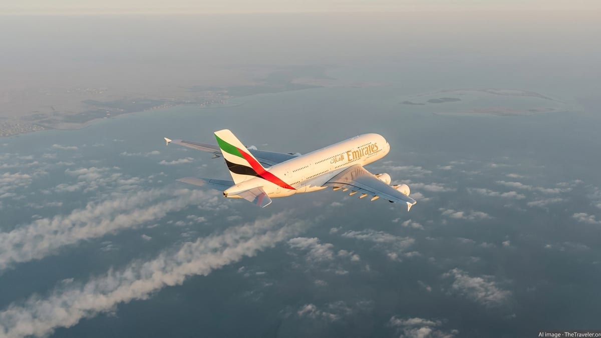 Emirates A380 flying above the Gulf at sunrise, seen from another aircraft.