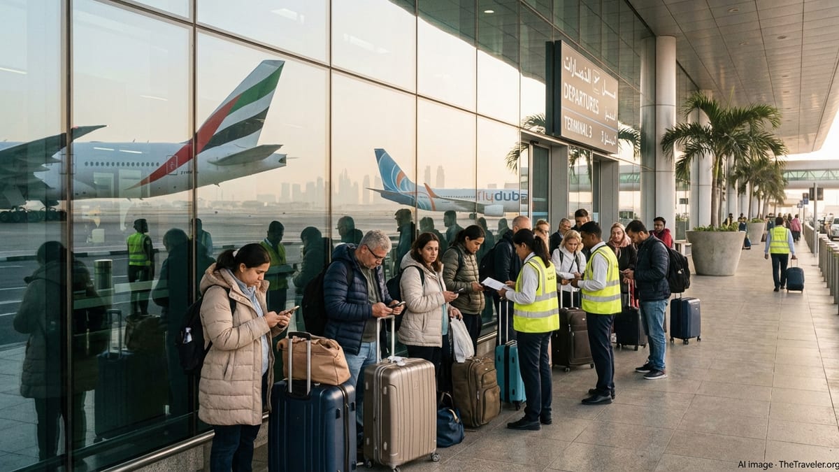 Travelers wait outside Dubai International as limited Emirates and flydubai flights resume.