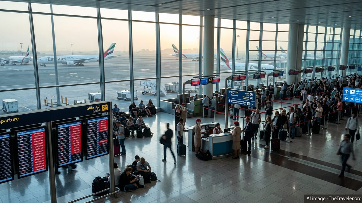 Crowded Dubai International Airport terminal with Emirates jets outside and departure screens showing widespread flight canc