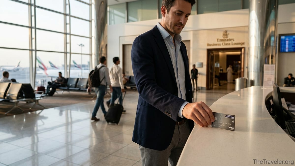 Traveler presenting an Emirates NBD Skywards Infinite card at a Dubai airport lounge desk.