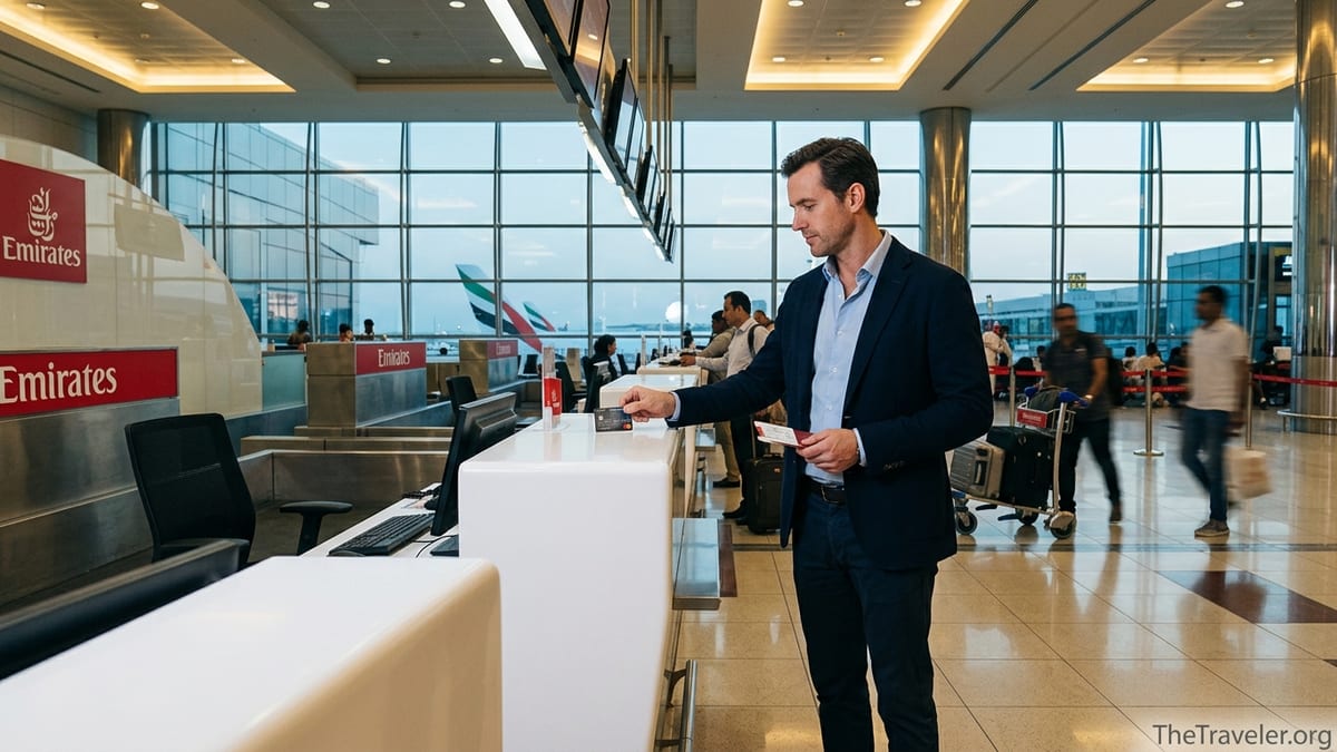 Traveler using an Emirates NBD Skywards Infinite card at Emirates check in in Dubai Airport.