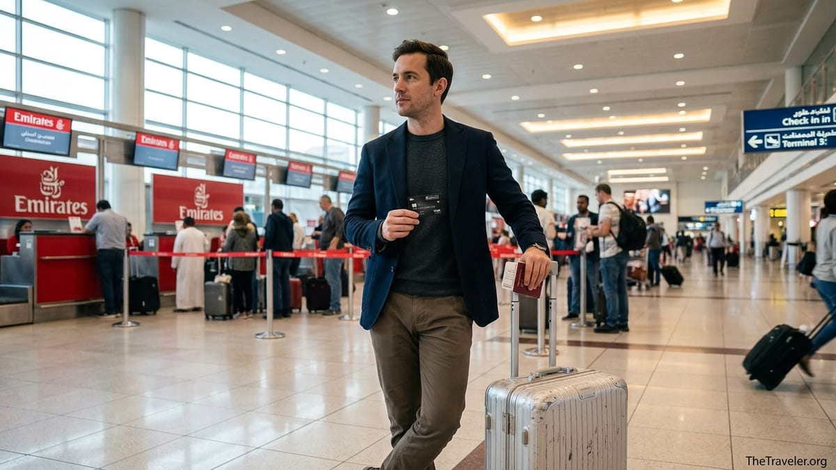 Traveler holding Emirates NBD Skywards Infinite card at Dubai airport check-in area.