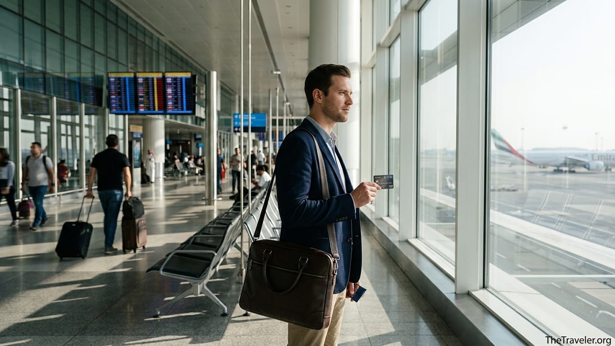Traveler holding an Emirates linked credit card and passport at Dubai International Airport check in.