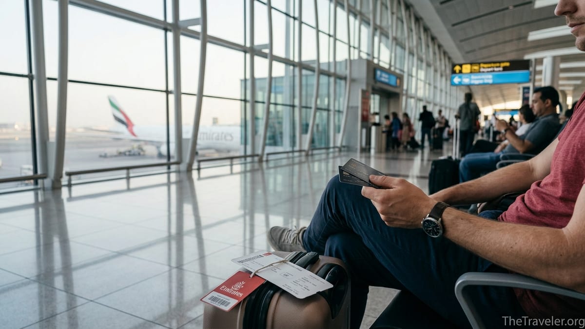 Traveler holding two Emirates co-branded credit cards at Dubai airport gate with Emirates jet outside.