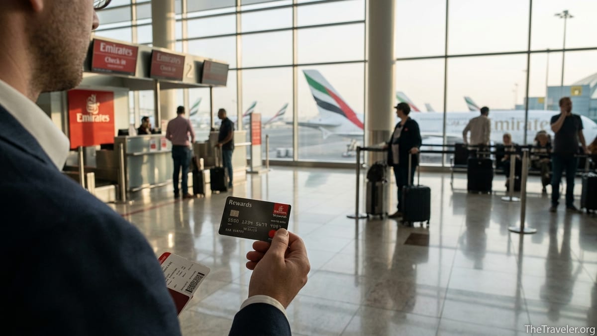 Traveler holding an Emirates Skywards Rewards World Elite Mastercard at an airport check-in area.