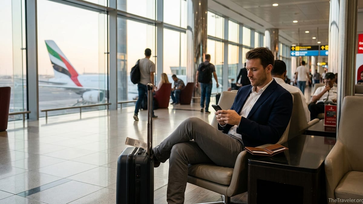 Traveler at Dubai airport gate with Emirates plane outside and credit card visible on side table.