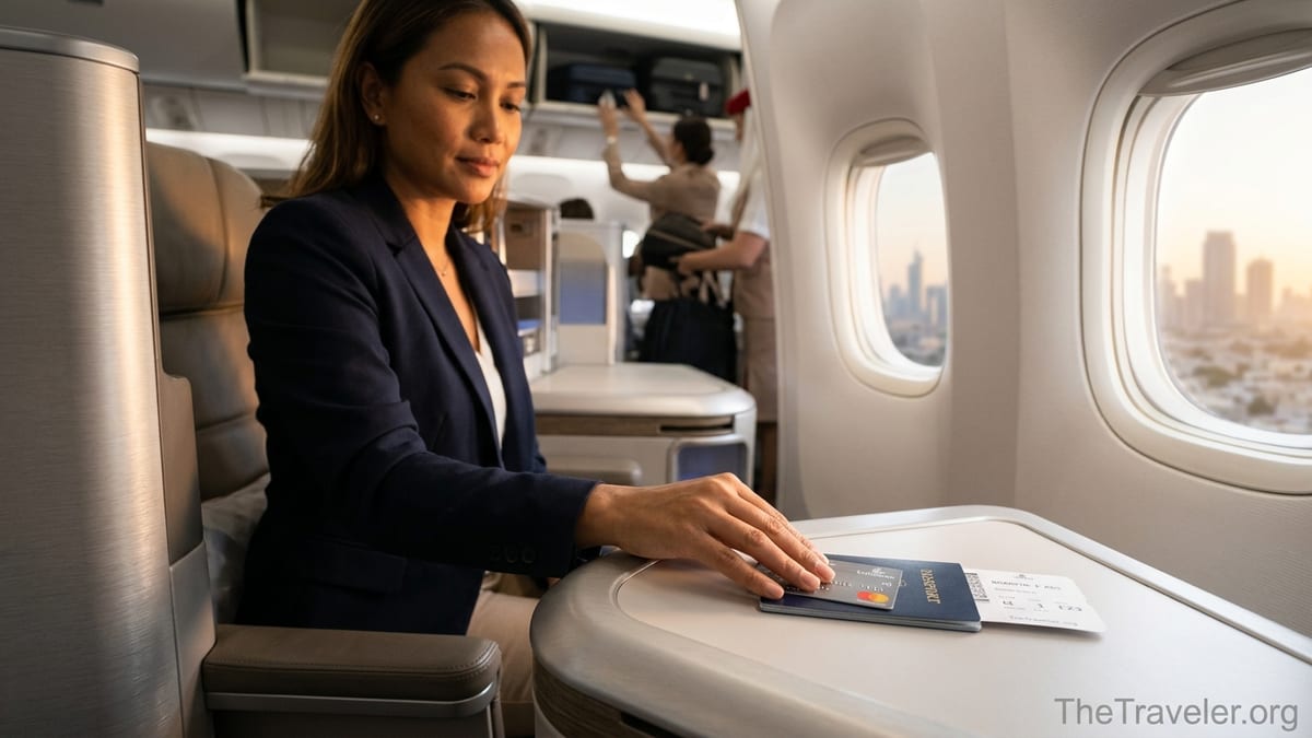 Traveler in Emirates business class placing an Emirates Skywards credit card beside passport and boarding pass by the window.