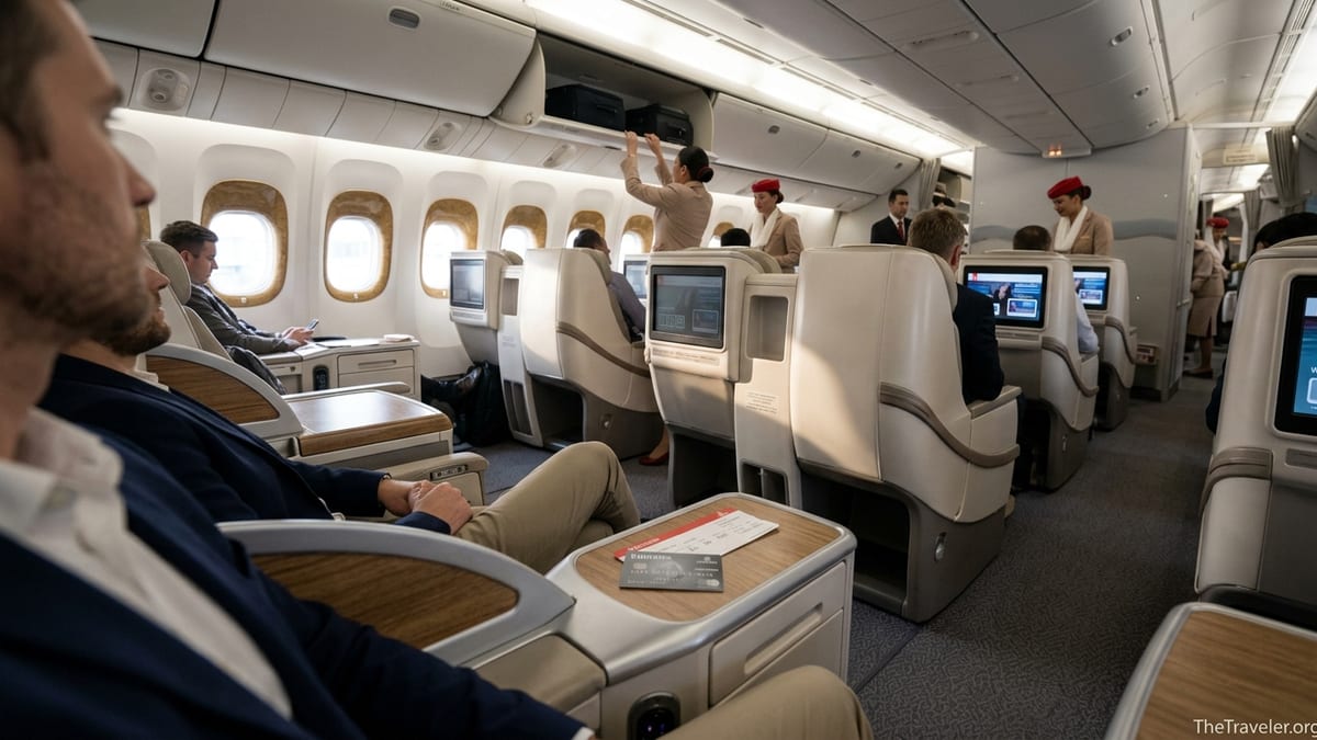 Passenger in Emirates business class placing a travel credit card beside their boarding pass at the seat console.