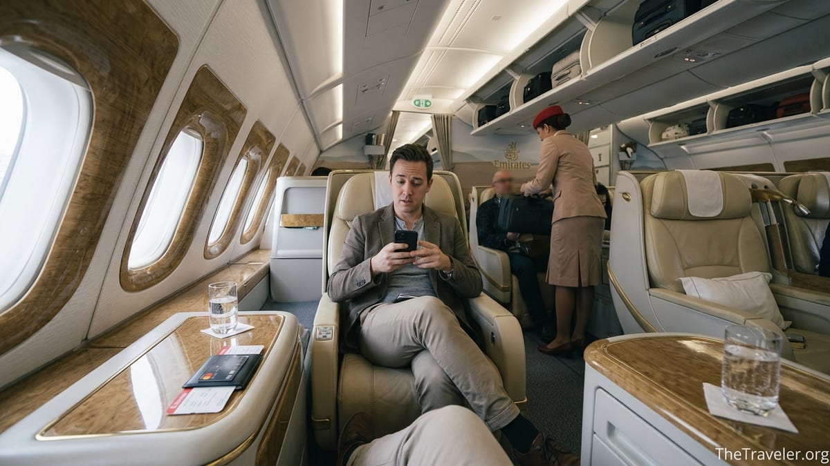 Emirates business class cabin with a traveler holding a credit card and boarding pass, looking thoughtfully at their seat.
