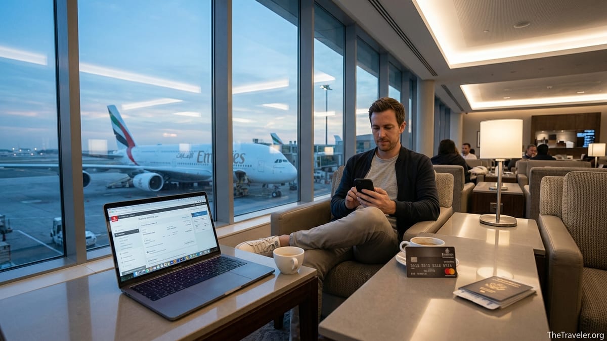 Traveler in an airport lounge using a laptop and Emirates jet outside the window.