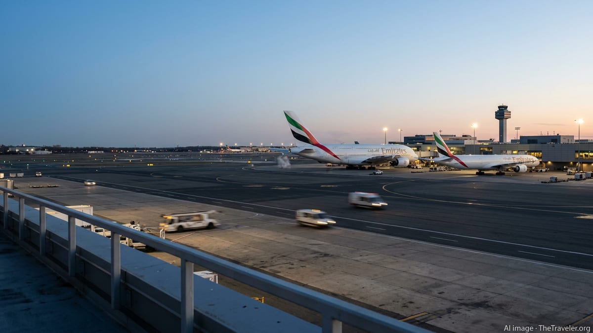 Emirates A380 and smaller widebody jet on the ramp at a US airport at dusk.