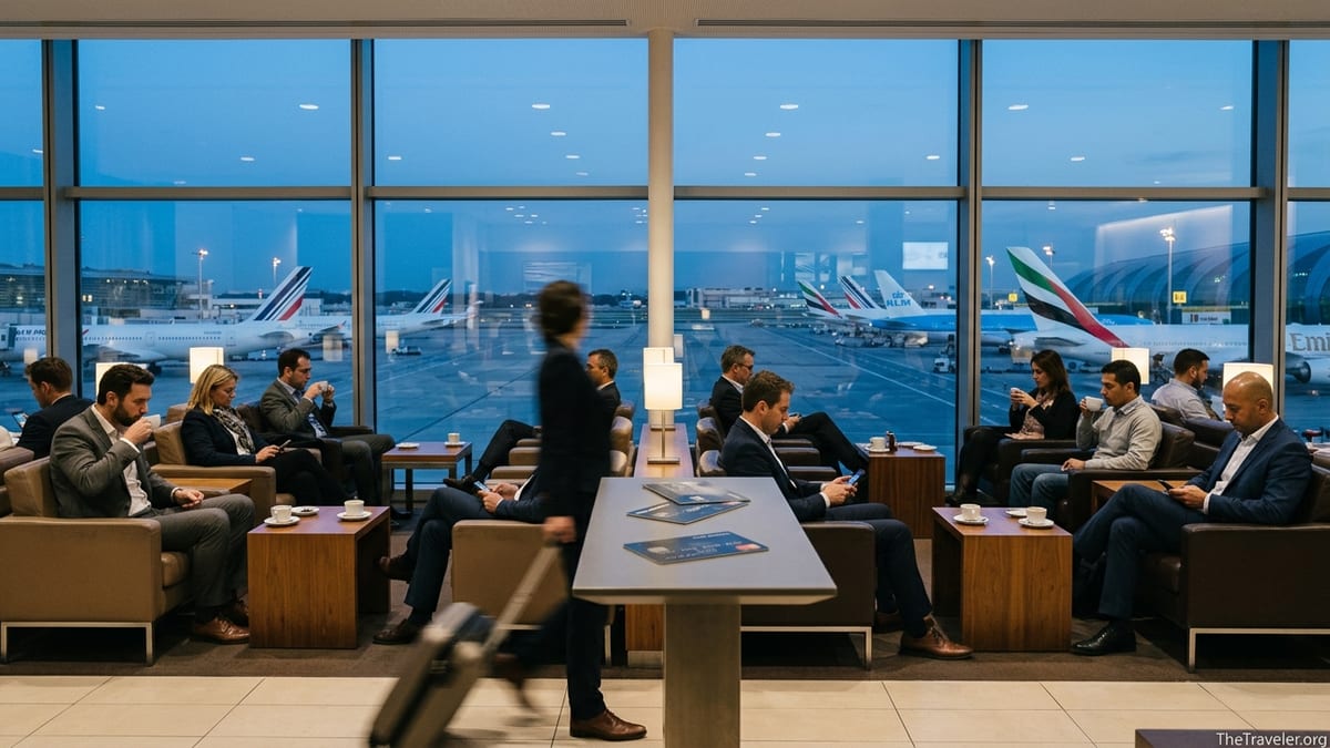 Travelers in an airport lounge comparing airline credit cards with Emirates and Air France KLM planes outside.